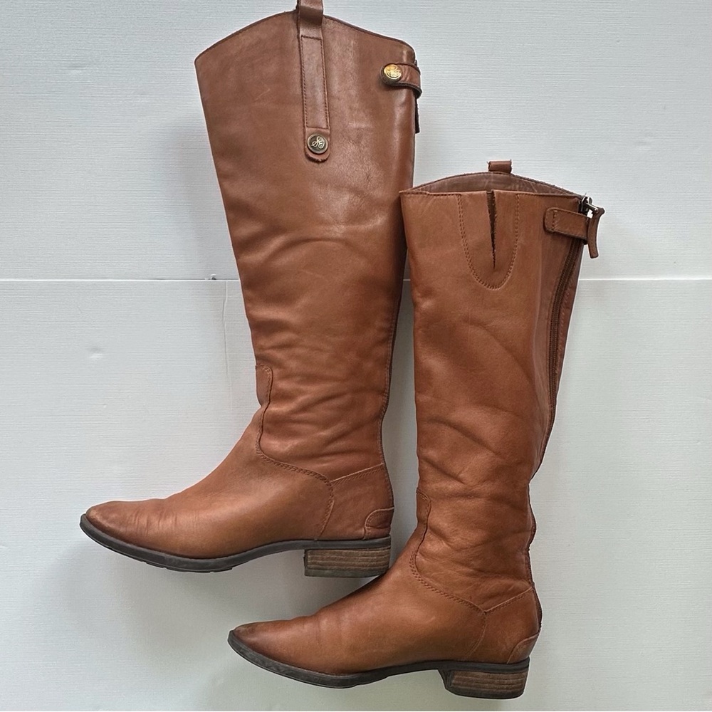 Sam Edelman tan light brown leather‎ riding boots women’s 6.5 zipper pull on